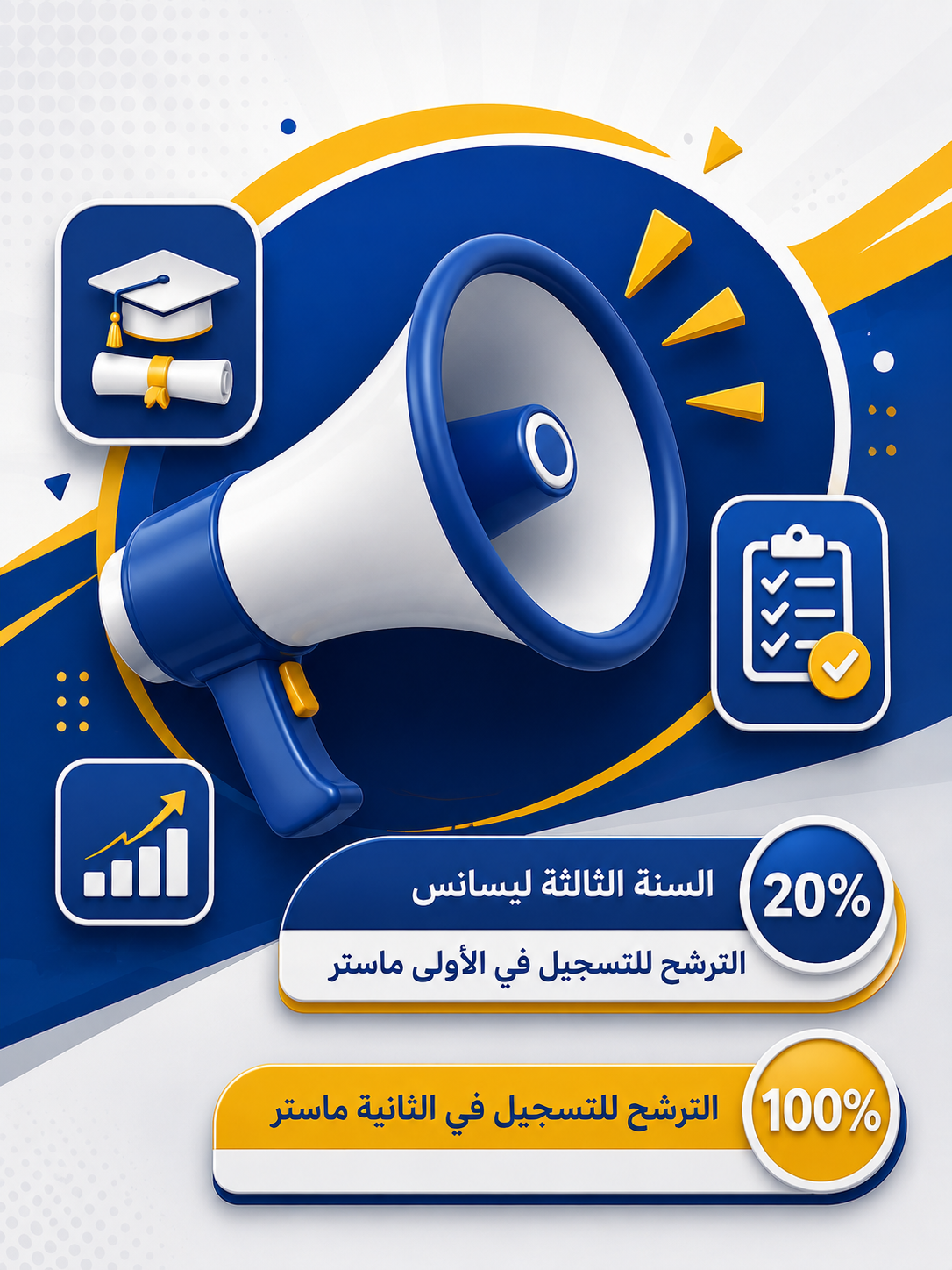 الترشح للتسجيل في السنة الثالثة ليسانس، الأولى ماستر 20% و الثانية ماستر